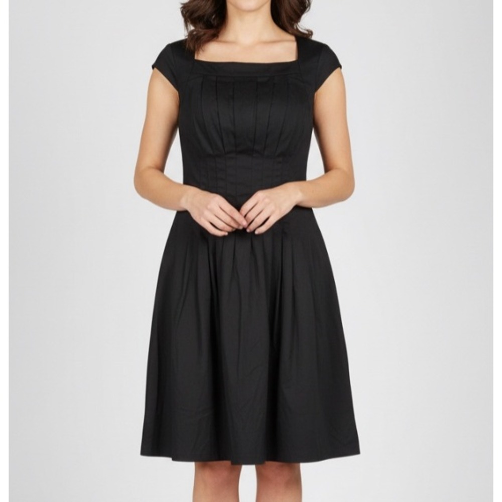 KAY UNGER Fit & Flare BLACK Pleated COCKTAIL Evening Dress CAPSLEEVE Twill 10